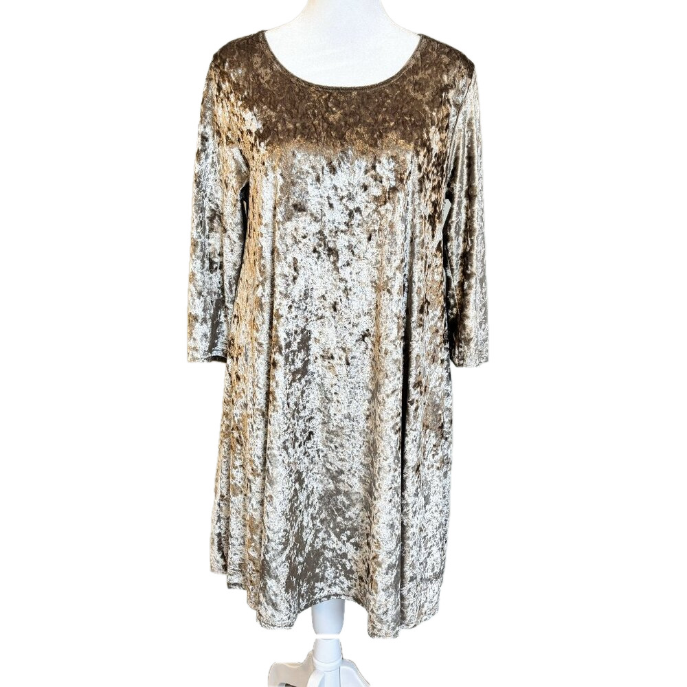 Rolla Coaster Shiny Beige Velvet Midi Dress, Quarter Length sleeve, scoop neck L